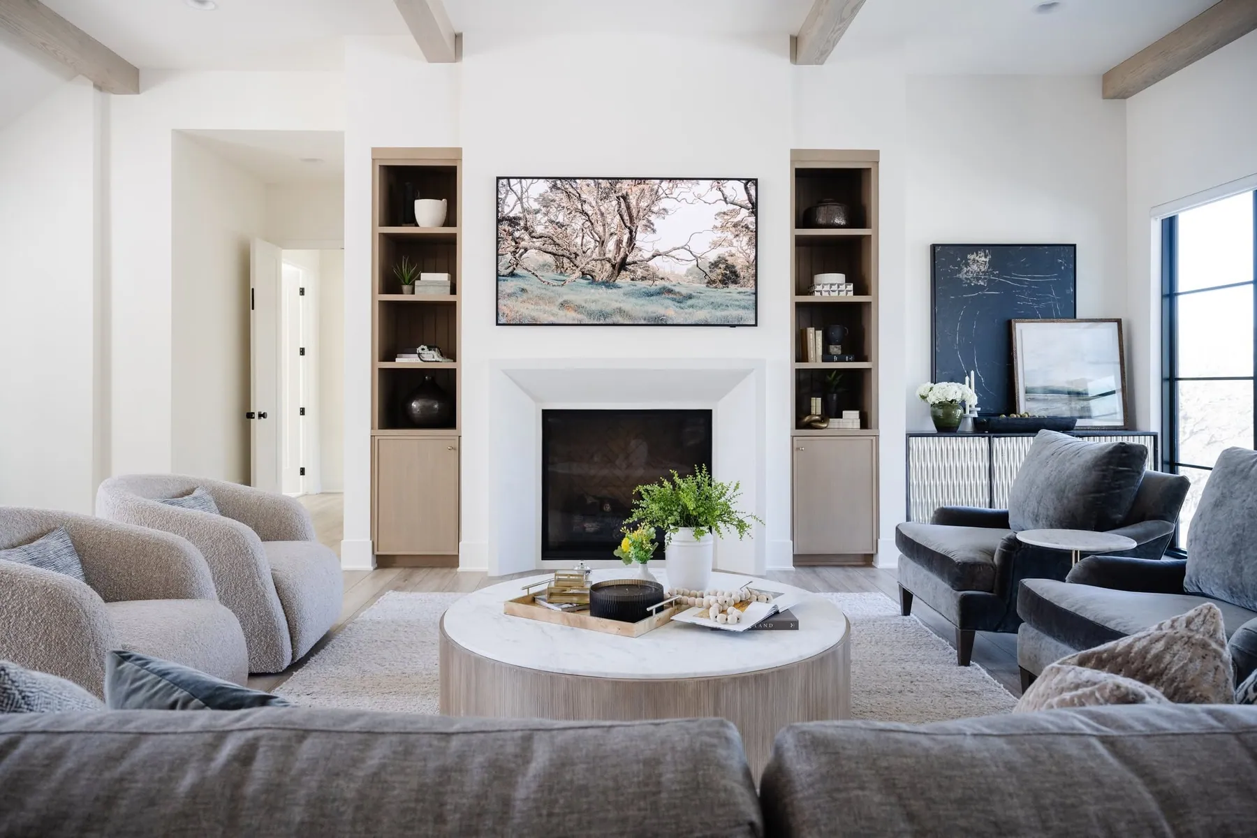 Living-room built-ins flanking the fireplace